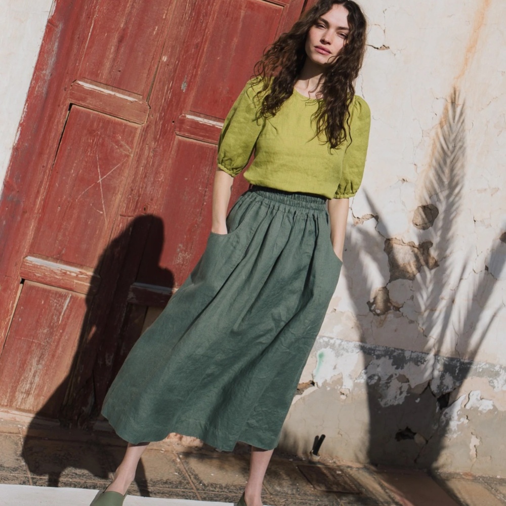notPERFECTLINEN OIA Gathered Linen Skirt, Emerald, Size L
